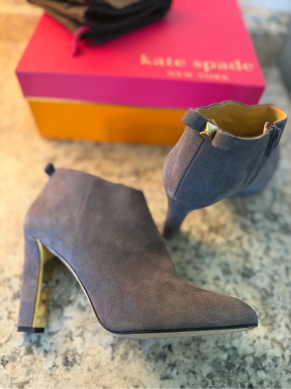 kate spade Gray Suede Pointed Toe Ankle Booties Gold Bow Accent Box Dust Bag